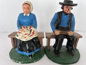 Antique Cast Iron Amish Bookends Man And Woman 5” Tall Original Paint Not Repros